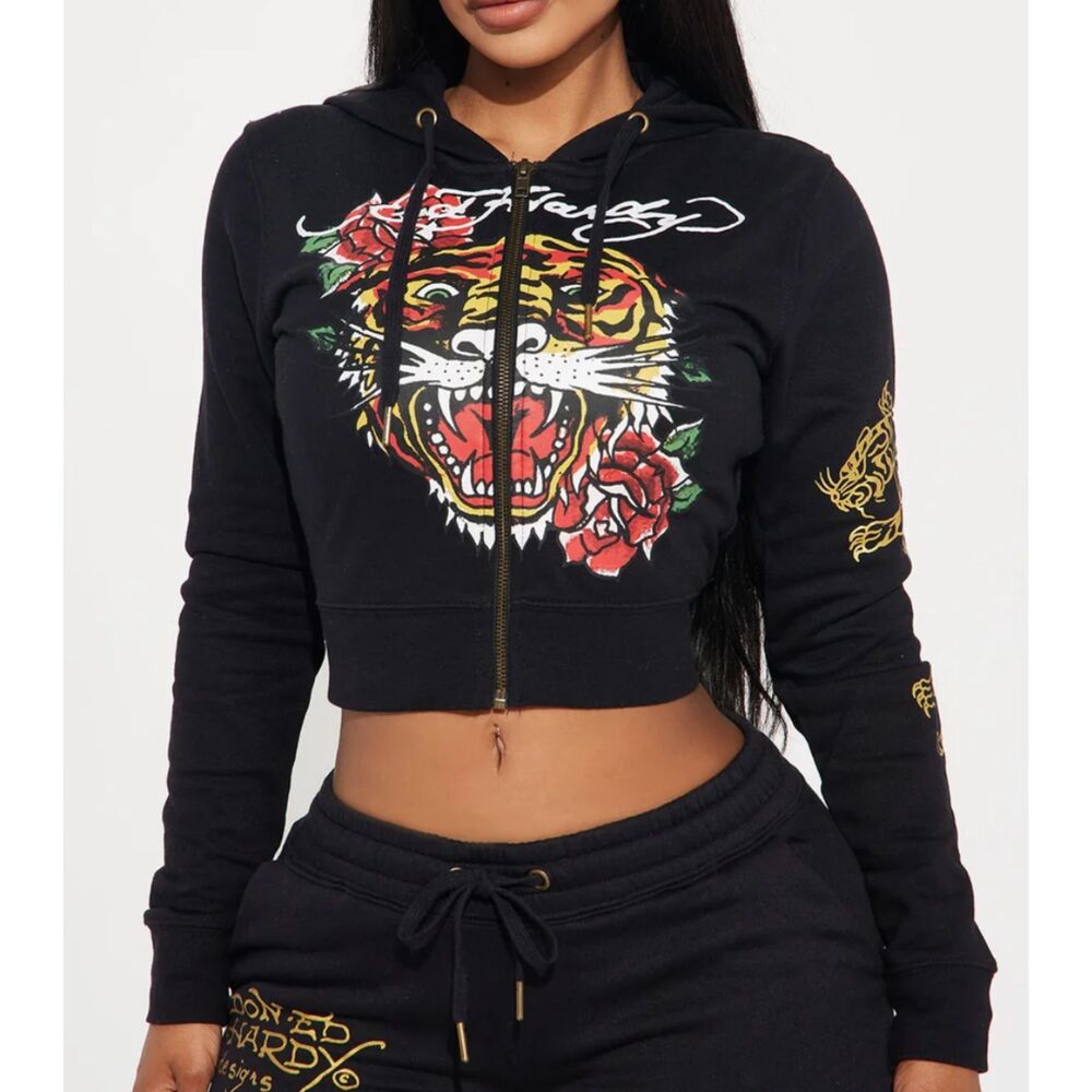 Ed Hardy Y2K Cropped Black Tiger Rose Hoodie Sweatshirt Size Large Women's